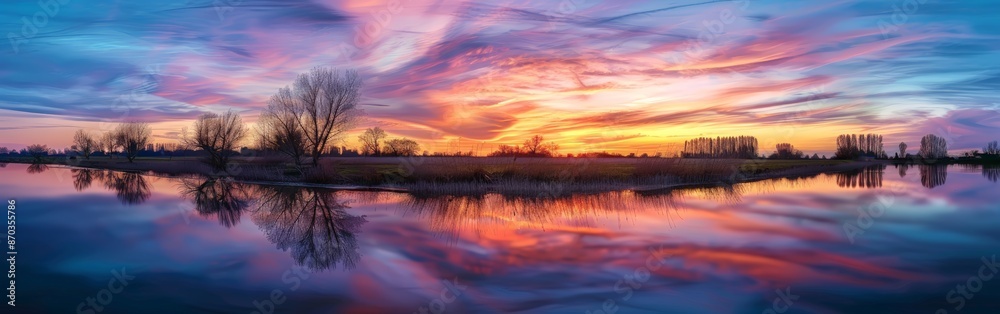 Fototapeta premium Serene Sunset Over Rural Landscape with Reflective Waters