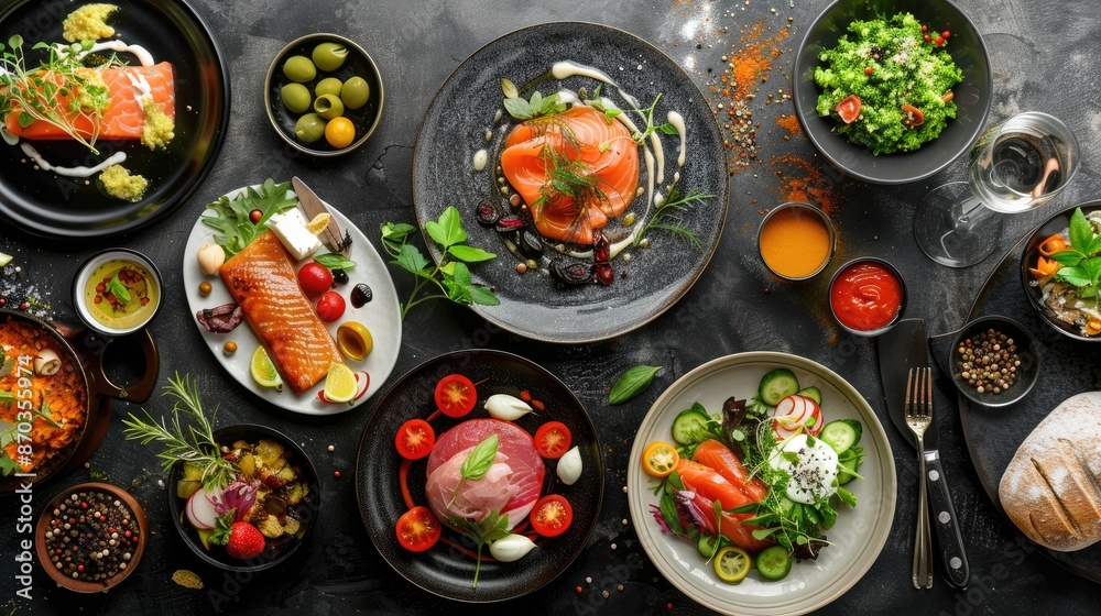 Table full of food with a variety of dishes including a salad, a sandwich, and a fish dish Table full of food with a variety of dishes including a salad, a sandwich, and a fish dish