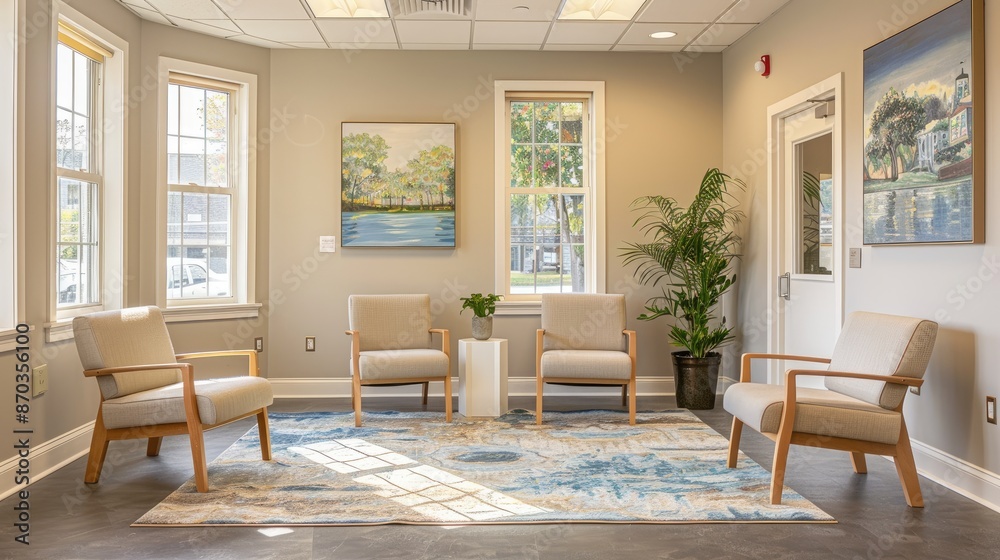 Fototapeta premium Light-filled therapist office with comfortable chairs and soothing artwork on the walls.