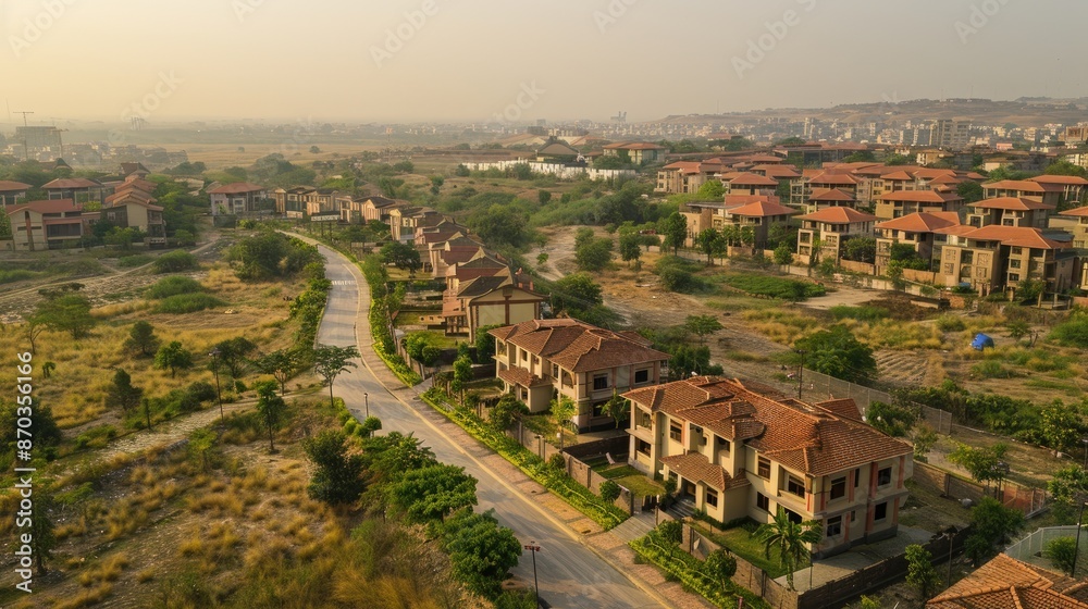Naklejka premium View of a residential area with houses and a road. The houses are mostly brown and have red roofs. The road is empty and there are no cars or people visible