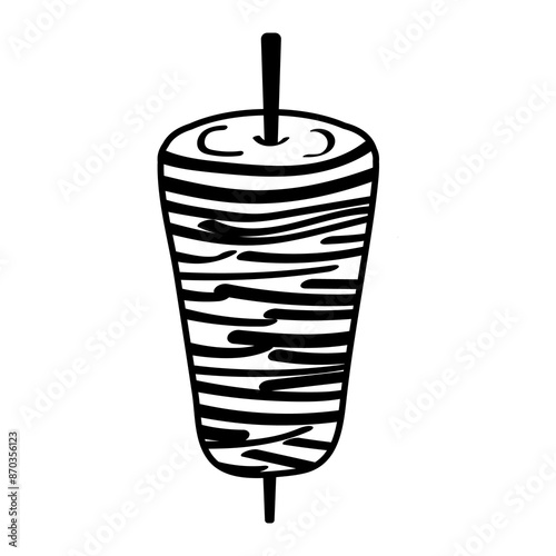 Icon depicting the logo of the most popular Turkish street food, doner kebab, meat on a skewer on a black background	