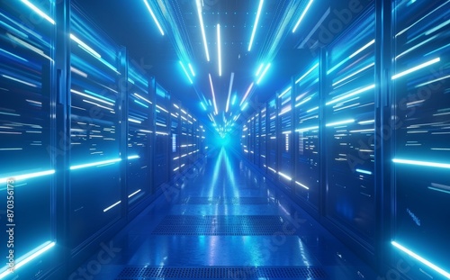 The server racks in a computer network security server room at a data center, simulated in 3D.