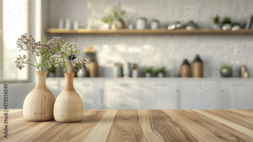 Wooden table with modern minimalist vase on blurred minimalist kitchen background © kanurism