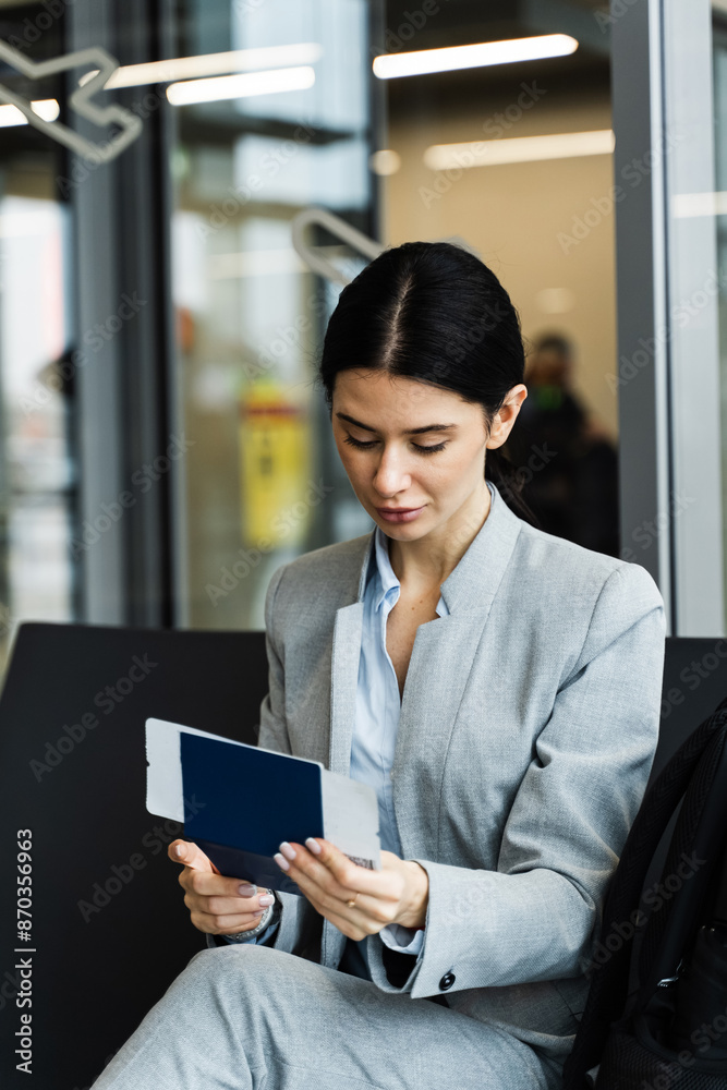 Traveler in an airport waiting area is looking at passport. Asian woman reads information on her boarding pass while waiting for a flight to depart in an airport lounge. Traveler in an airport waiting area is looking at passport. Asian woman reads information on her boarding pass while waiting for a flight to depart in an airport lounge.