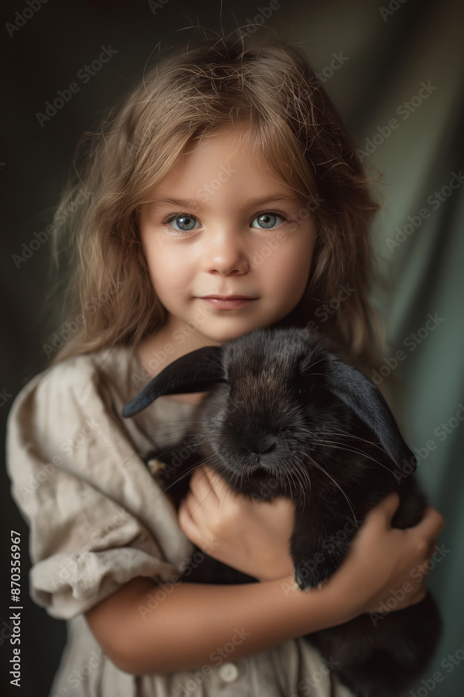 A cute portrait of a pretty young girl hugging her fluffy pet rabbit in a studio portret. A cute portrait of a pretty young girl hugging her fluffy pet rabbit in a studio portret.