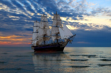 Plexiglas schilderij Schip Achttiende-eeuws schip bij avondrood  © noraismail