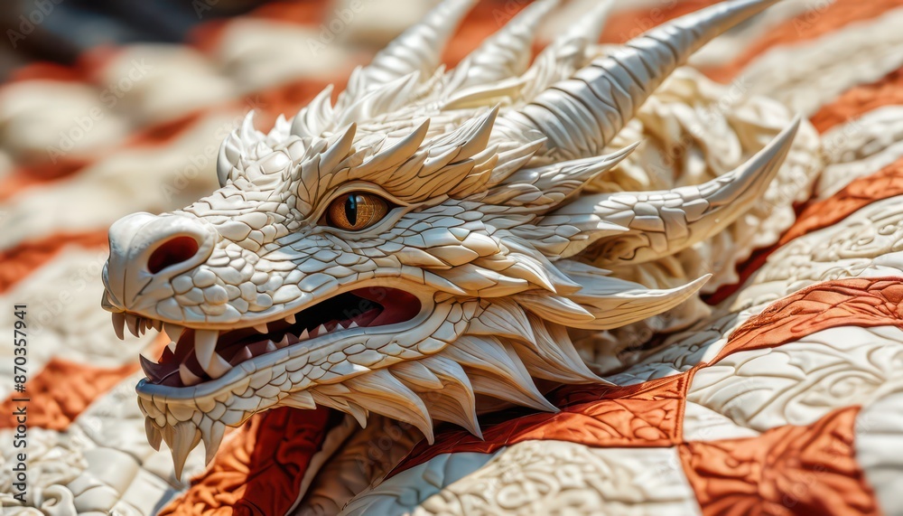 Naklejka premium Close-up of a white dragon statue head.