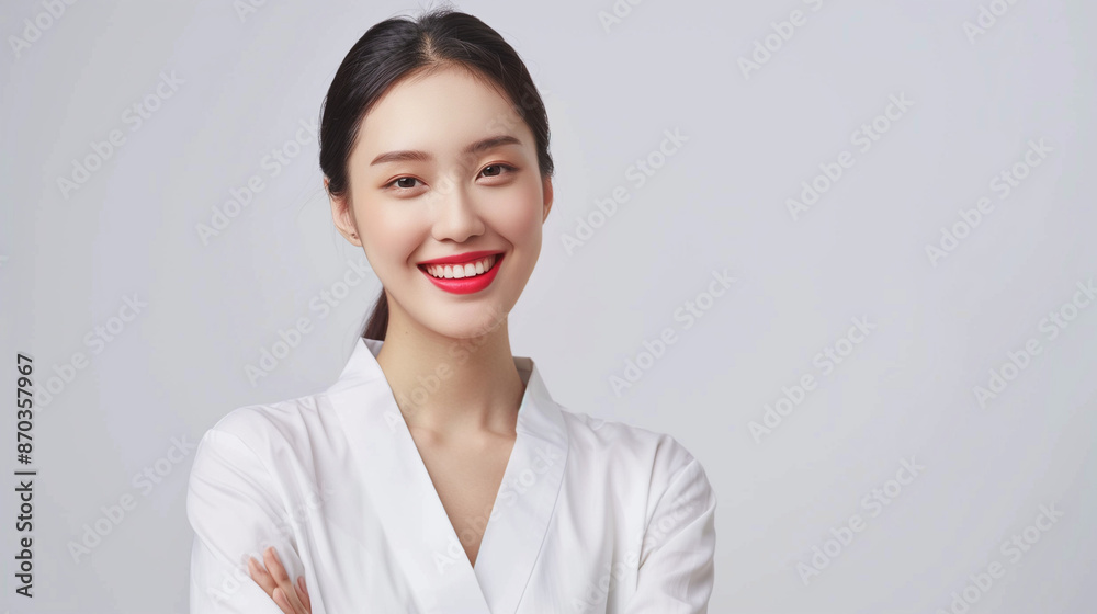 Korean woman feeling happy and smiling with white outfit, isolated on white background, advertising style Korean woman feeling happy and smiling with white outfit, isolated on white background, advertising style