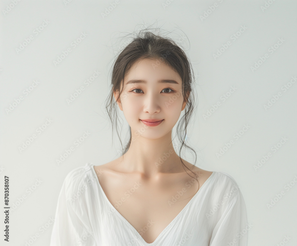 Korean woman feeling happy and smiling with white outfit, isolated on white background, advertising style Korean woman feeling happy and smiling with white outfit, isolated on white background, advertising style