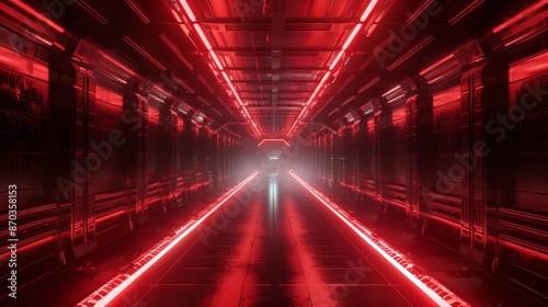 Rendering of a realistic sci-fi corridor with red light. A tunnel with grungy metal walls. A cyberpunk tunnel. Interior view. A modern futuristic hall. A fog-filled corridor in a spaceship.