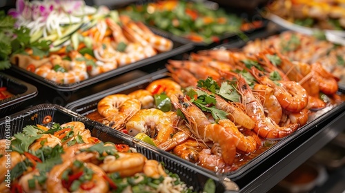 A variety of seafood dishes are displayed on a table, including shrimp, scallops, and crab legs. The presentation is colorful and appetizing, with a mix of green and red vegetables and herbs