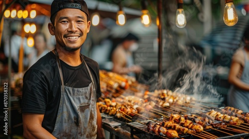 Man is smiling and standing next to a grill with food on it. He is wearing an apron and a hat