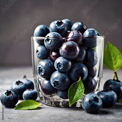 make an illustration of sweet blueberries in a beautiful glass. make it realistic. photo