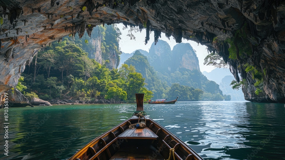 Fototapeta premium Tourists taking a boat tour of the beautiful limestone cliffs near Krabi.