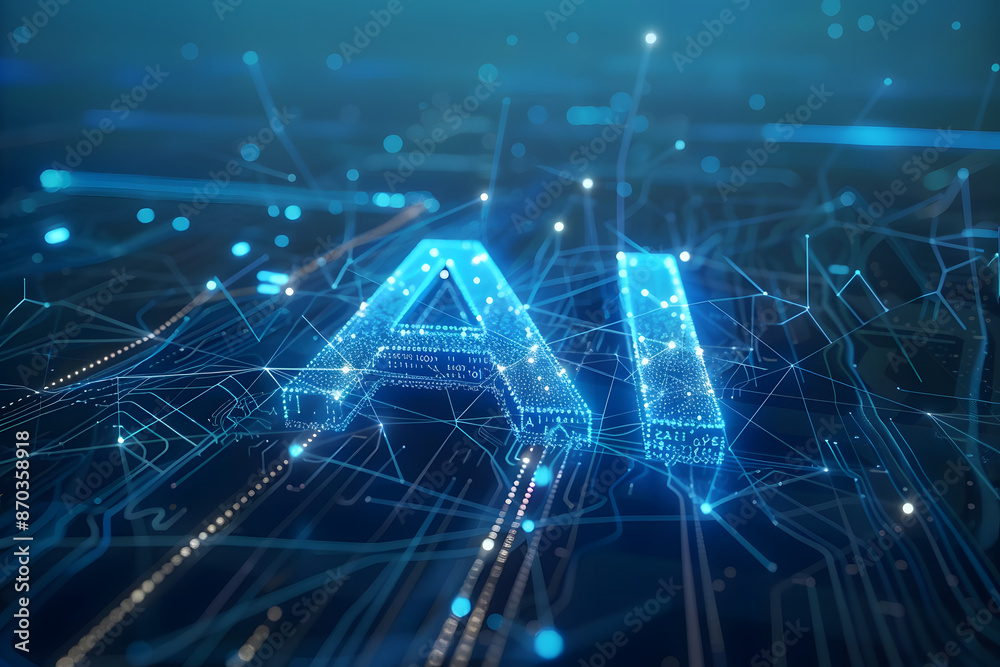 Artificial Intelligence background, AI made of blue digital glowing connections and data points Artificial Intelligence background, AI made of blue digital glowing connections and data points
