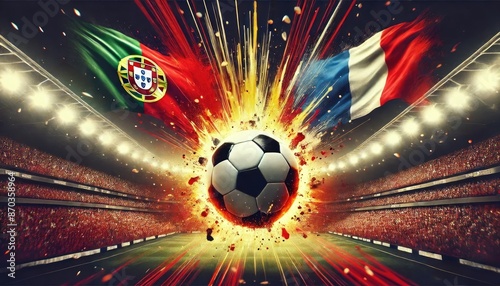 Portugal vs France football match, Portuguese flag, French flag, stadium and soccer ball, Euro 2024, UEFA European Football Championship 2024, 1/4 finals