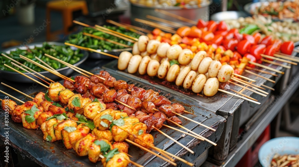 A variety of food items are displayed on a table, including skewers of meat and vegetables. The presentation is colorful and appetizing, inviting people to try the different dishes A variety of food items are displayed on a table, including skewers of meat and vegetables. The presentation is colorful and appetizing, inviting people to try the different dishes