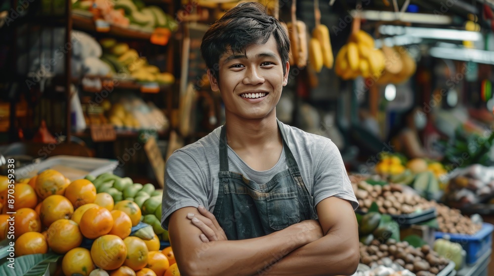 Smiling man stands in front of a fruit stand, with a variety of fruits on display. Concept of happiness and positivity, as the man is enjoying his time at the market Smiling man stands in front of a fruit stand, with a variety of fruits on display. Concept of happiness and positivity, as the man is enjoying his time at the market