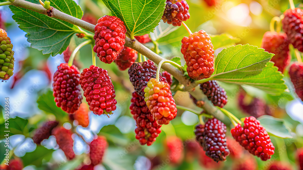 Fresh red mulberry berries on tree, Red mulberry tree Fresh red mulberry berries on tree, Red mulberry tree