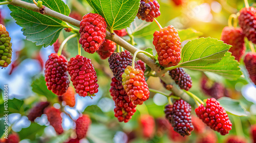 Fresh red mulberry berries on tree, Red mulberry tree