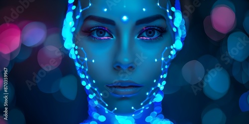 Portrait of a Female Humanoid AI Against a Dark Blue Bokeh Background. Concept Portrait Photography, Female AI, Dark Blue Bokeh Background © Ян Заболотний
