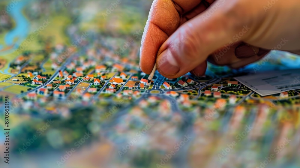 Hand pointing at a miniature model of a city Hand pointing at a miniature model of a city