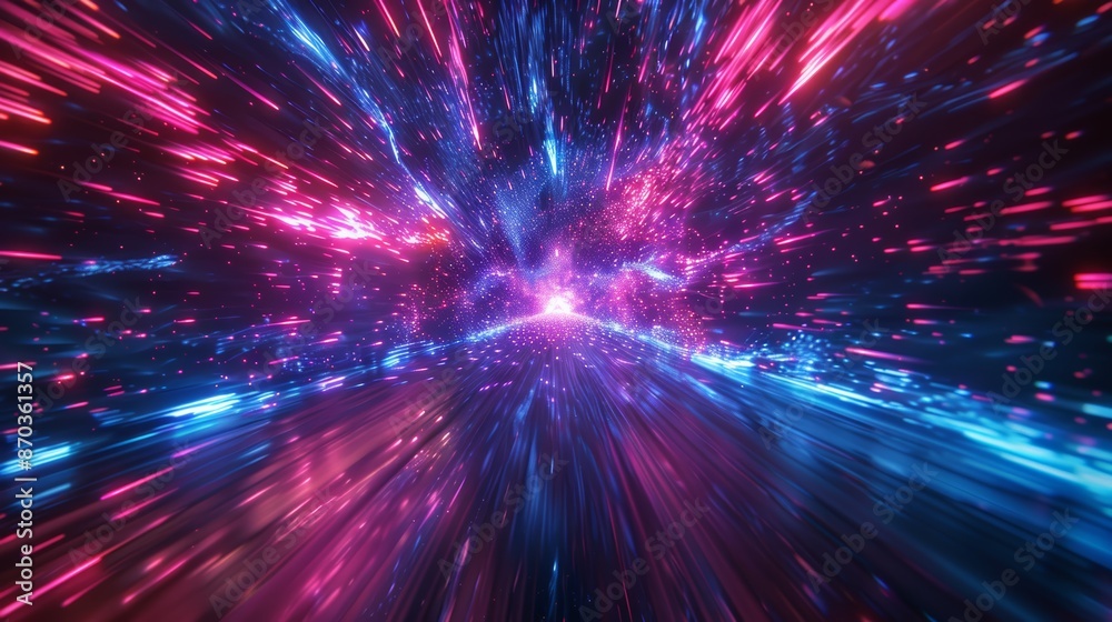 Fototapeta premium Abstract digital tunnel with blue and pink neon light streaks. Futuristic and dynamic.