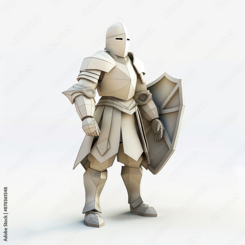 Fototapeta premium 3D Render, Low Poly style of a brave clay knight in shining armor, on isolated white background, Generative AI
