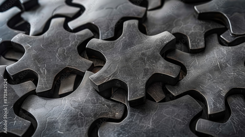 Close-up of interlocking metal gears, creating a complex and industrial pattern. Close-up of interlocking metal gears, creating a complex and industrial pattern.