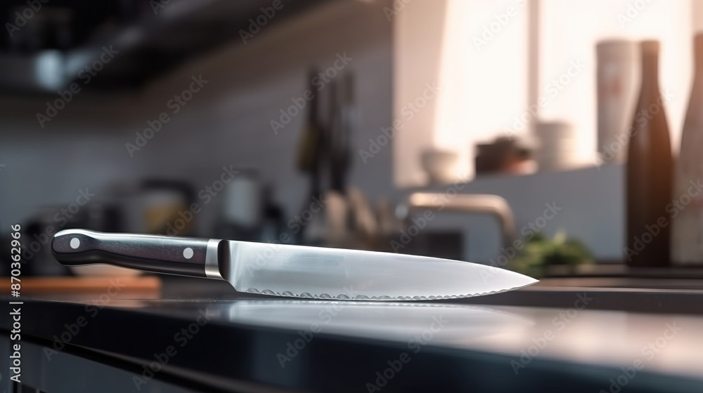 Close-up of kitchen knife with reflection on background of interior. AI generated. Close-up of kitchen knife with reflection on background of interior. AI generated.