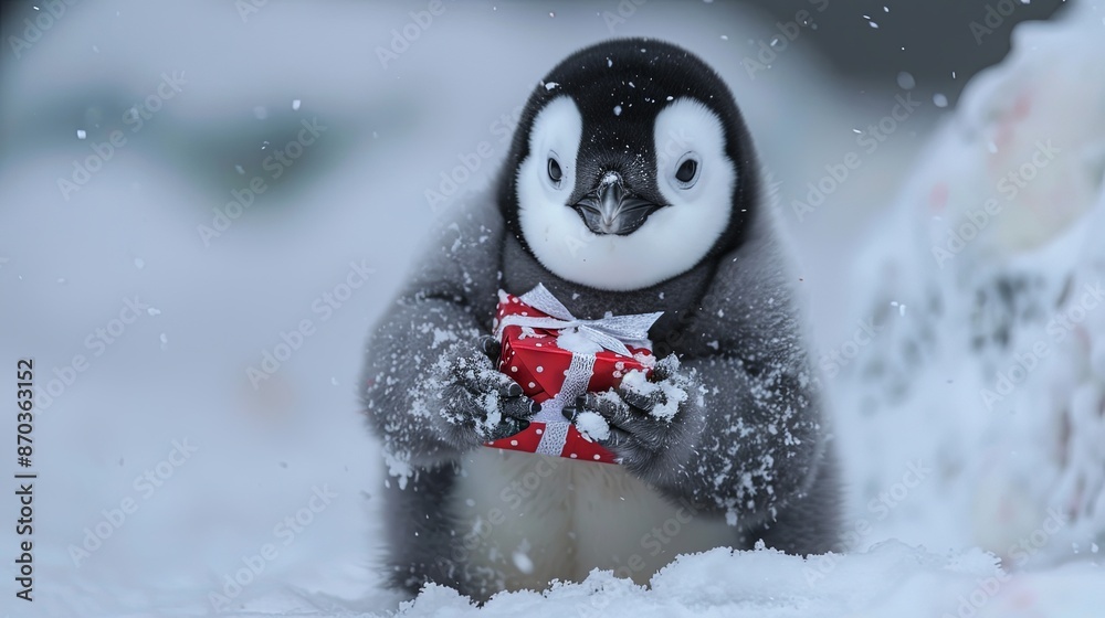 An adorable penguin chick, standing amidst the snowflakes, holds a small red present, embodying the essence of winter joy, fun, and the spirit of giving in a charming setting. An adorable penguin chick, standing amidst the snowflakes, holds a small red present, embodying the essence of winter joy, fun, and the spirit of giving in a charming setting.