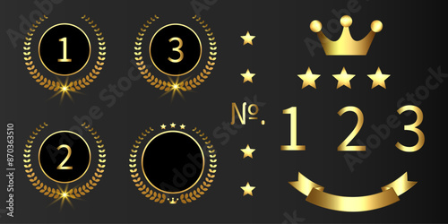 Vector Set of Gold award, laurel wreaths, Ranking, Medal, Crown and Ribbon. VIP. Luxury Golden labels.	
