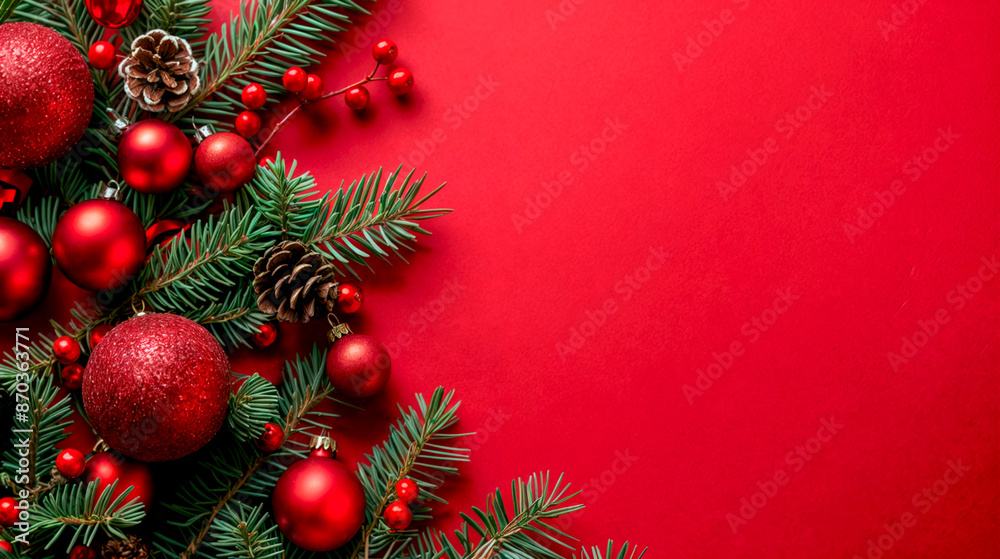 Beautiful celebratory Christmas red background with fir or pine branches, baubles, pine cones and berries in vivid red backdrop. New Year's holidays. Top view with copy space Beautiful celebratory Christmas red background with fir or pine branches, baubles, pine cones and berries in vivid red backdrop. New Year's holidays. Top view with copy space