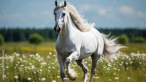 Majestic white stallion galloping in vast green pasture with flowing mane embodying freedom