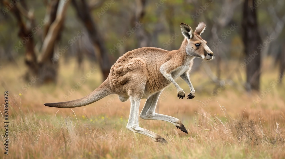 Obraz premium A kangaroo hops through the Australian outback, its powerful legs and distinctive pouch making it one of unique creations.