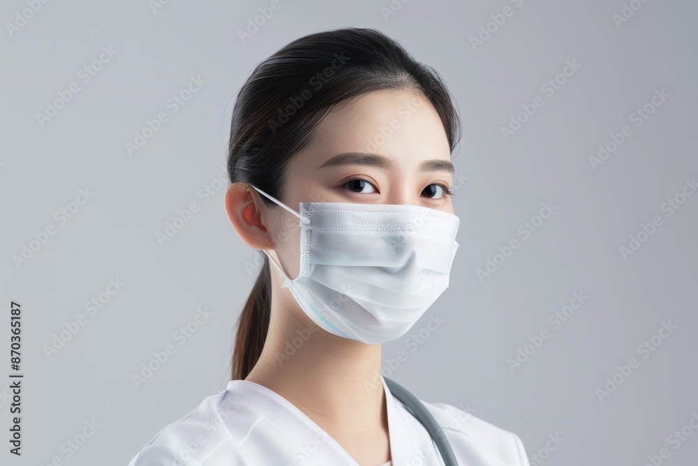 Nurse with a medical mask, professional and composed, Portrait half-body, hyper-realistic, high detail, photorealistic, white background, Key Light, fill light, back light Nurse with a medical mask, professional and composed, Portrait half-body, hyper-realistic, high detail, photorealistic, white background, Key Light, fill light, back light