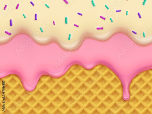 Realistic strawberry and vanilla ice cream melting drip with candy sprinkles, wafer background. 3d vector melted icing or sweet sauce drop down the waffle cone texture, liquid, syrup or cream border