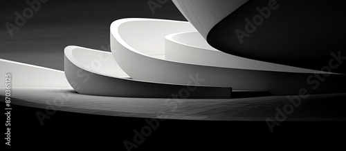Curvilinear steps in architectural design create a modern abstract geometric background in a black-and-white setting with copy space image.