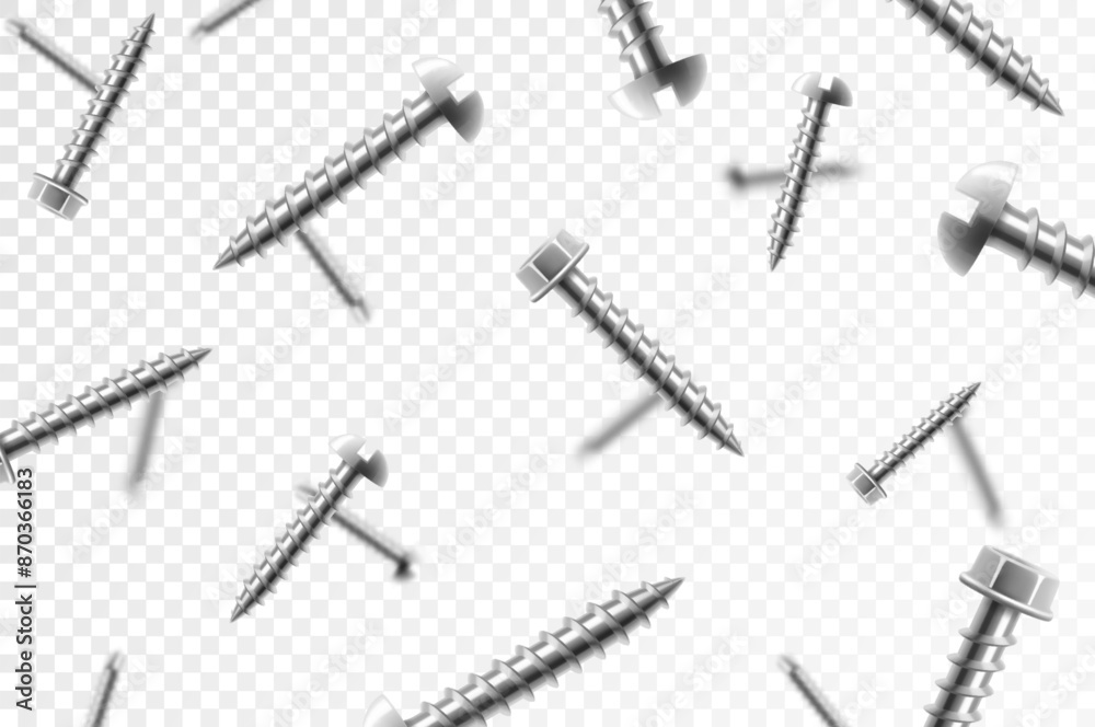 Flying metal screws and bolts, isolated on transparent background. Many silver falling screws. ?onstruction, repair tools. Steel chrome nails, grey instruments minimalist concept. Flying metal screws and bolts, isolated on transparent background. Many silver falling screws. ?onstruction, repair tools. Steel chrome nails, grey instruments minimalist concept.