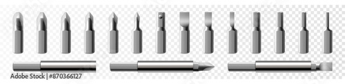 Isometric set of metal bits for screwdriver isolated on white background. Bits for electric drill or cordless screwdriver. Hand tools for repair. Bits for bolts and screws. Realistic 3d vector