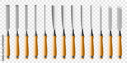 Set of chisels, carpentry hand tools for woodworking and wood carving. Stand for working with wood. Chisels with wooden handle isolated on transparent background. Realistic 3d Vector illustration.