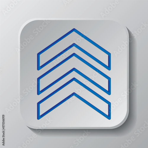 Chevron simple icon. Flat design. Paper cut design. Cutted blue symbol with shadow. Gray badge button, gray background