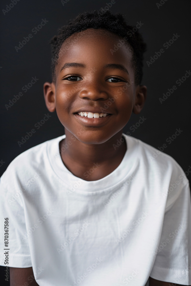 A young african american boy wearing a white t-shirt, black background, mockup A young african american boy wearing a white t-shirt, black background, mockup