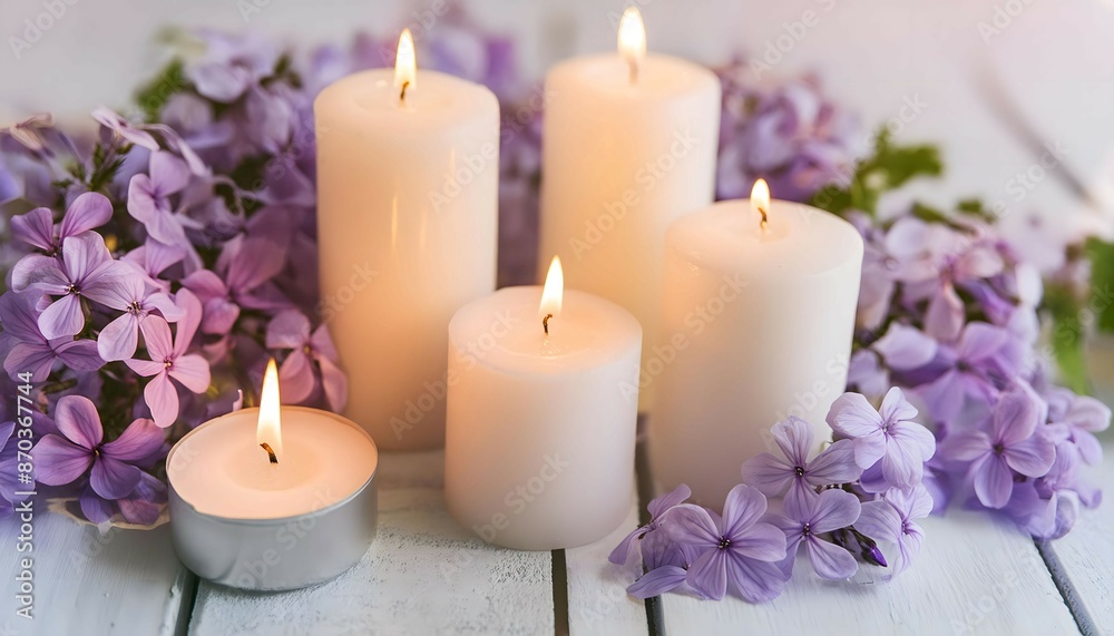 Group of romantic Candles with Flowers
