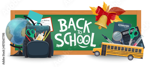 Back to school educational banner with chalkboard and school supplies such as a globe, backpack, scissors, glue, textbooks, a calculator, a magnifying glass, a school bus, and a bell with a red ribbon