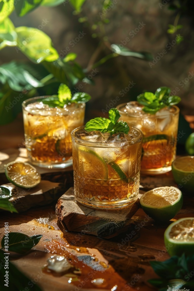 Three glasses of a drink with lime slices on the side. The drink is served on a wooden table Three glasses of a drink with lime slices on the side. The drink is served on a wooden table