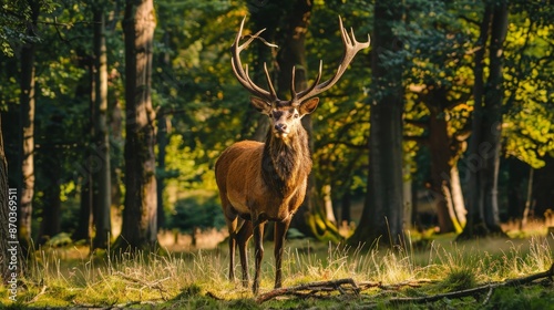 A majestic stag stands proudly in the forest, its impressive antlers and keen senses making it a symbol of strength and vigilance. © peerawat