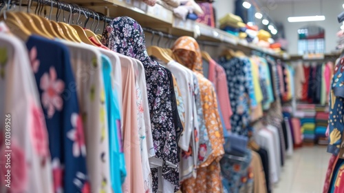 A close-up shot of a clothing rack in a Muslim clothing store, showcasing a variety of colorful floral print garments