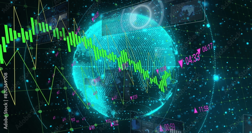 Obraz premium Image of round scanners and data processing over spinning globe and blue glowing spots