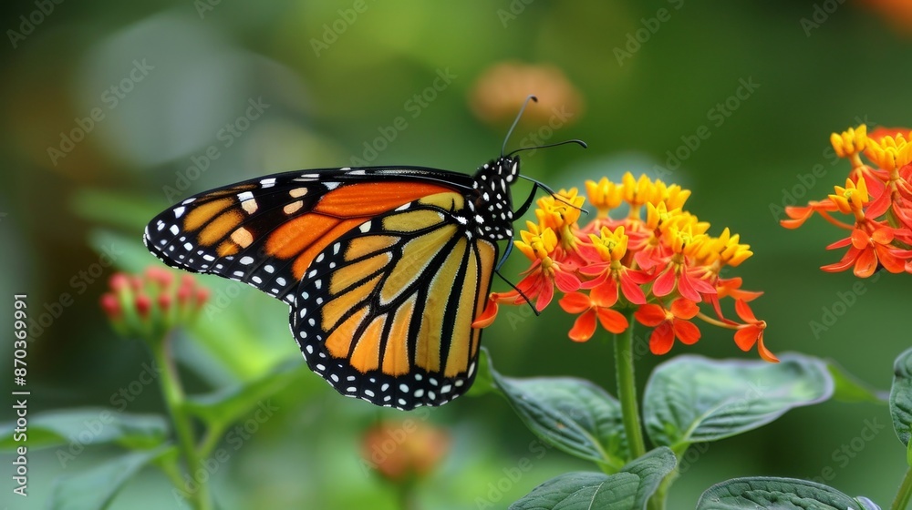 A monarch butterfly flits from flower to flower, its delicate wings a vibrant display of orange and black patterns. A monarch butterfly flits from flower to flower, its delicate wings a vibrant display of orange and black patterns.